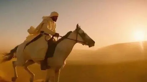 AI Video from prompt: A brave young rider galloping across a vast dese