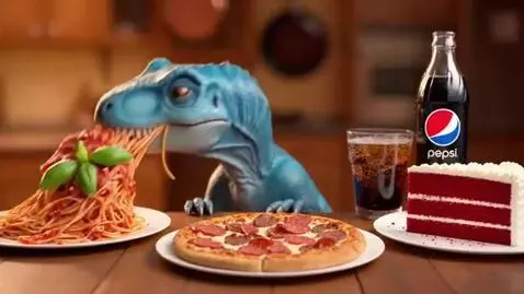 AI Video from prompt: Realistic Baby Blue Dinosaur Eating a Plate Of S