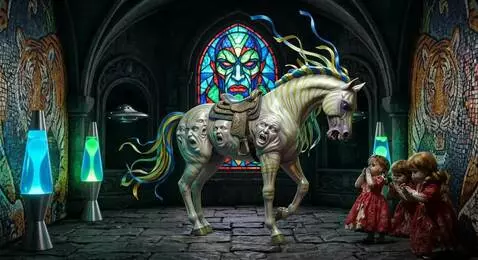 AI Video from prompt: The faces on the horse look at the dolls. the do