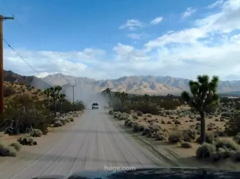 AI Video from prompt: the vehicle moves forward down a dusty Joshua Tr