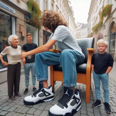 AI Video from prompt: The tall boy turns in his chair to face the old 
