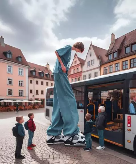 AI Video from prompt: The tallest boy slowly gets on the bus, but sinc