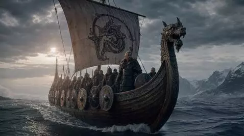 AI Video from prompt: a Viking ship with a crew in the open North Sea