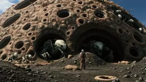 AI Video from prompt: On an alien planet there are enormous mounds lik