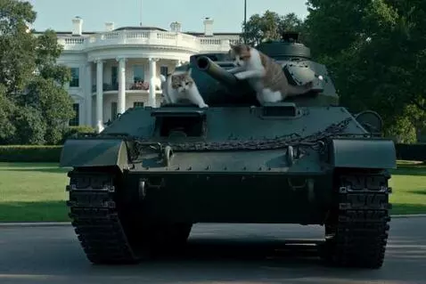AI Video from prompt: A trio of cats running through a battle tank whi