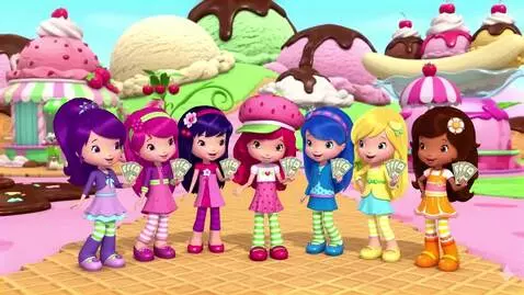 AI Video from prompt: Strawberry Shortcake with four one dollar bills,