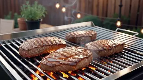 AI Video from prompt: the steaks are grilling. they're happy. they're 