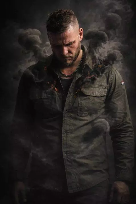 AI Video from prompt: Slow cinematic push-in toward a broken man stand