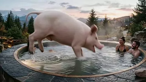 AI Video from prompt: The camera follows a large pig as it jumps into 