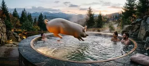 AI Video from prompt: The camera follows a large pig as it jumps into 
