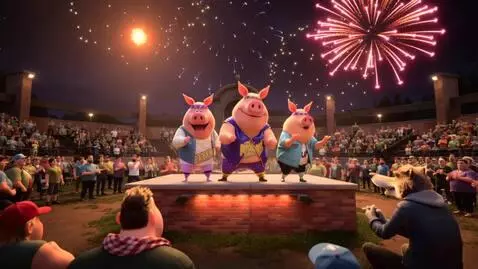 AI Video from prompt: FestivalGrand finale with all three pigs perform