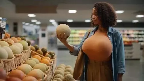 AI Video from prompt: woman in a super market buying melons. her chest