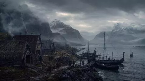 AI Video from prompt: A Viking village on the harsh northern coast: wo