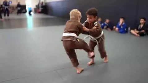 AI Video from prompt: Two boys at six years,wearing brown bjj-jackets,