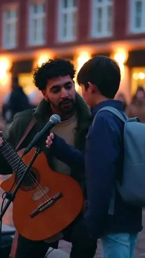 AI Video from prompt: A boy walks up to a street singer standing on th
