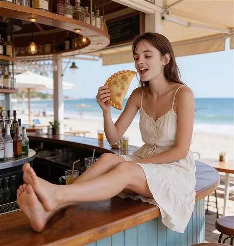 AI Video from prompt: the girl shows a cheburek to the camera, then ta