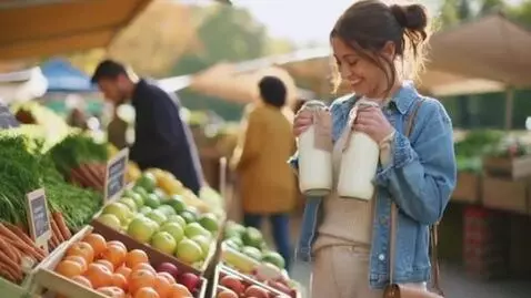 AI Video from prompt: a woman at a farmers market. she picks up a pair