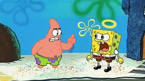 AI Video from prompt: Patrick flips off on Spongebob spongebob says " 