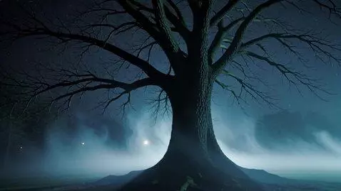 AI Video from prompt: Misty night scene with a lonely tree, soft fog, 
