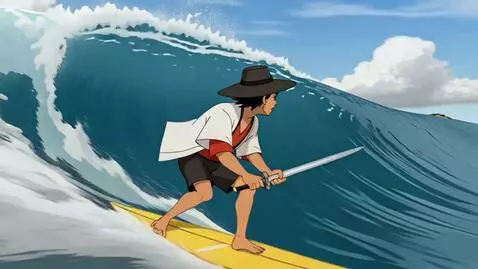 AI Video from prompt: A samurai surfing on a surf board in Hawaii to g
