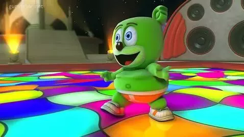 AI Video from prompt: a green jelly gummy bear wearing an orange y-fro
