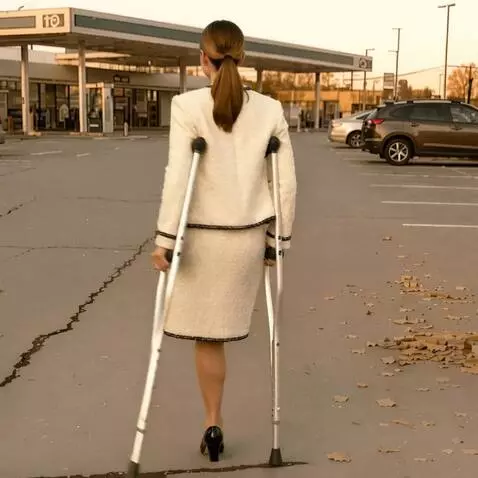 AI Video from prompt: The camera shoots a one-legged woman on crutches