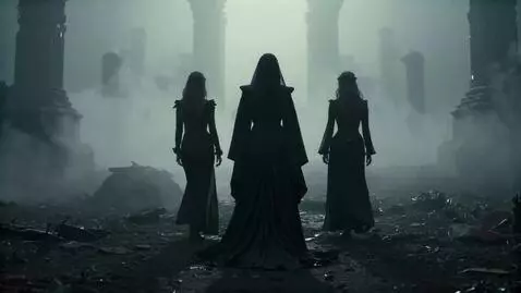 AI Video from prompt: de tre kvinnor går sakta framåt, dimma kommer fr