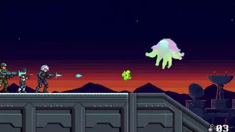 AI Video from prompt: phoenix 8 bit anime military vs aliens game trai