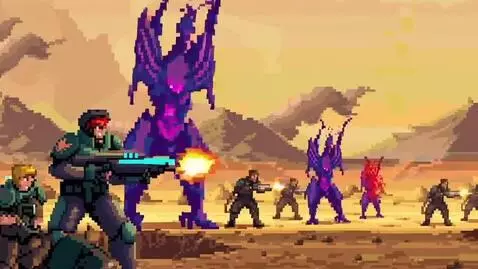 AI Video from prompt: phoenix 8 bit anime military vs aliens game trai
