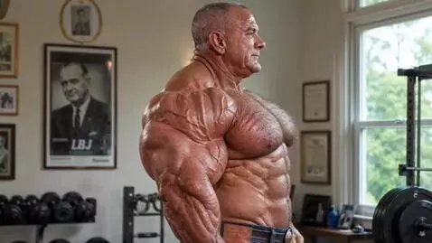 AI Video from prompt: a pro bodybuilder  is flexing his muscles and pe