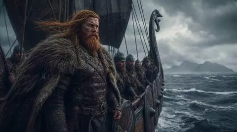 AI Video from prompt: A mighty Viking in a fur cloak and with flowing 