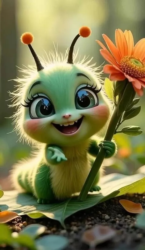 AI Video from prompt: The Caterpillar crawls , smiles, and holds out a
