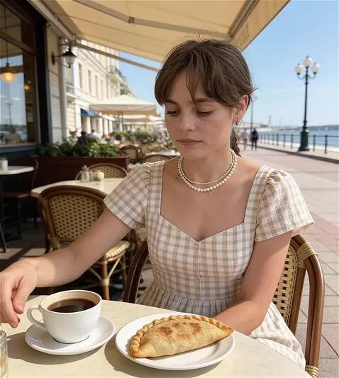 AI Video from prompt: the girl points at the cheburek with her finger,