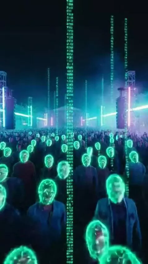 AI Video from prompt: Futuristic drum and bass festival at night, larg