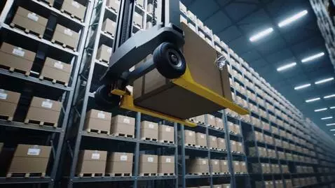 AI Video from prompt: Inside a massive modern fulfillment warehouse, w