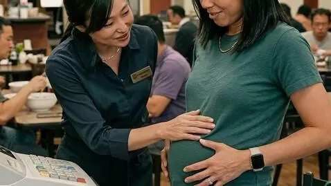 AI Video from prompt: A very bloated Asian woman is at the register in
