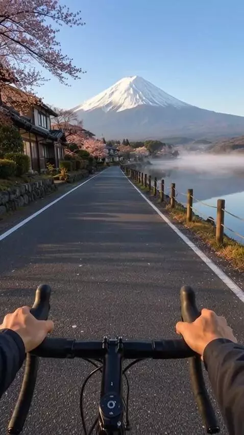 AI Video from prompt: Fixed first-person POV, handlebars visible in th