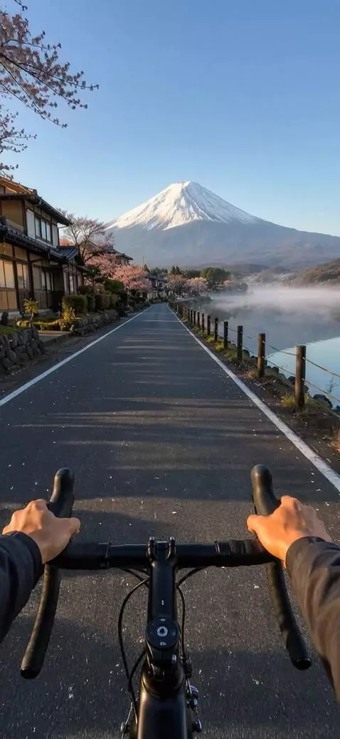 AI Video from prompt: Fixed first-person POV, handlebars visible in th