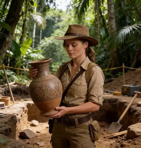AI Video from prompt: the girl looks at the vase, and then shows it.