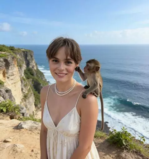 AI Video from prompt: the little monkey carefully touches the gir,s ha