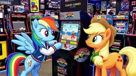 AI Video from prompt: Applejack and Rainbow Dash at the Arcade1UP stor