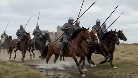 AI Video from prompt: Medieval mounted cavalry galloping across a shal