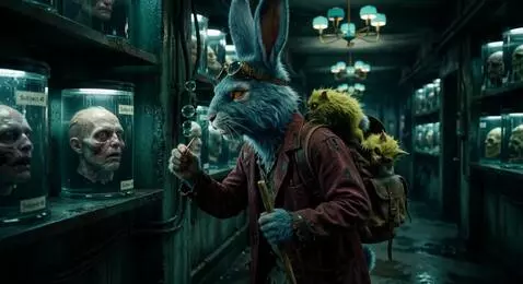 AI Video from prompt: The head wakes up and meets eyes with the rabbit