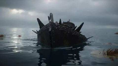 AI Video from prompt: A German anchor sea mine drifts on the surface o