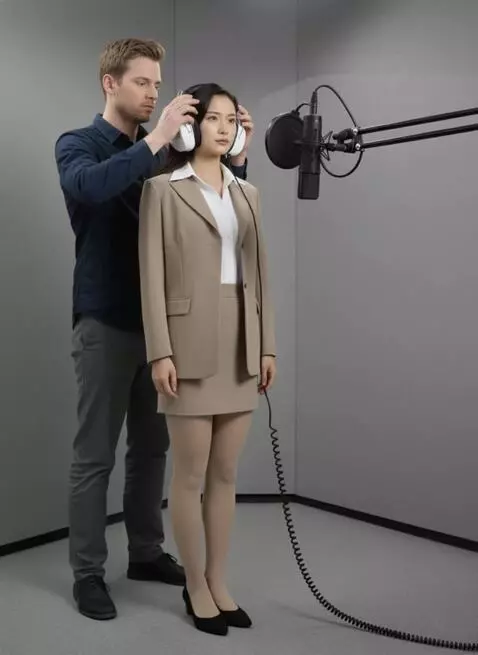 AI Video from prompt: A man adjusts a woman's headphones.  the camera 