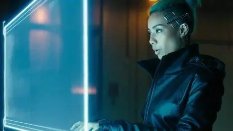 AI Video from prompt: a cyberpunk hacker woman. as she finishes her ha