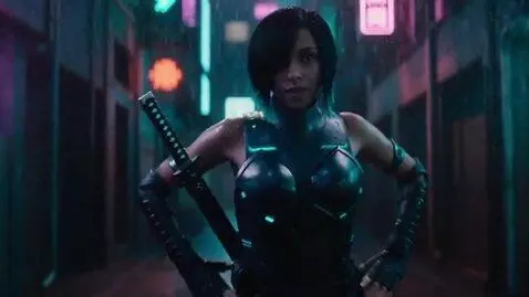 AI Video from prompt: a cyberpunk ninja woman. she poses then her ches