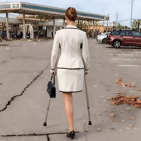 AI Video from prompt: The camera shoots a one-legged woman on crutches