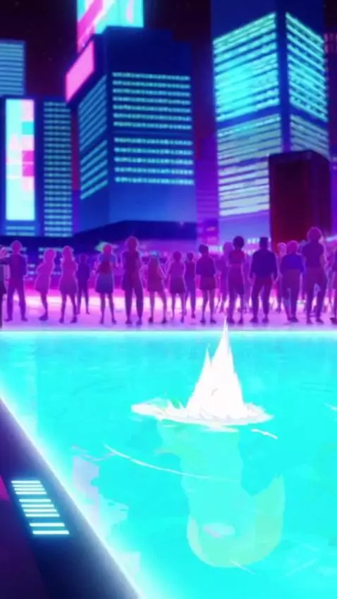 AI Video from prompt: A cinematic anime-style comedy scene at a futuri