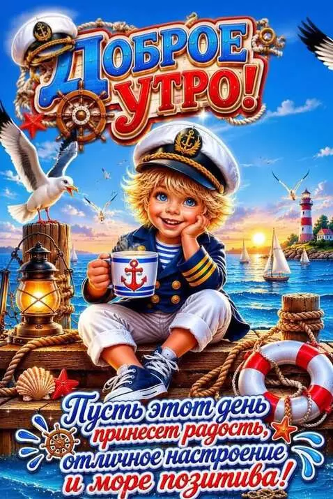 AI Video from prompt: Seagulls are flying, the sailor is moving, smili